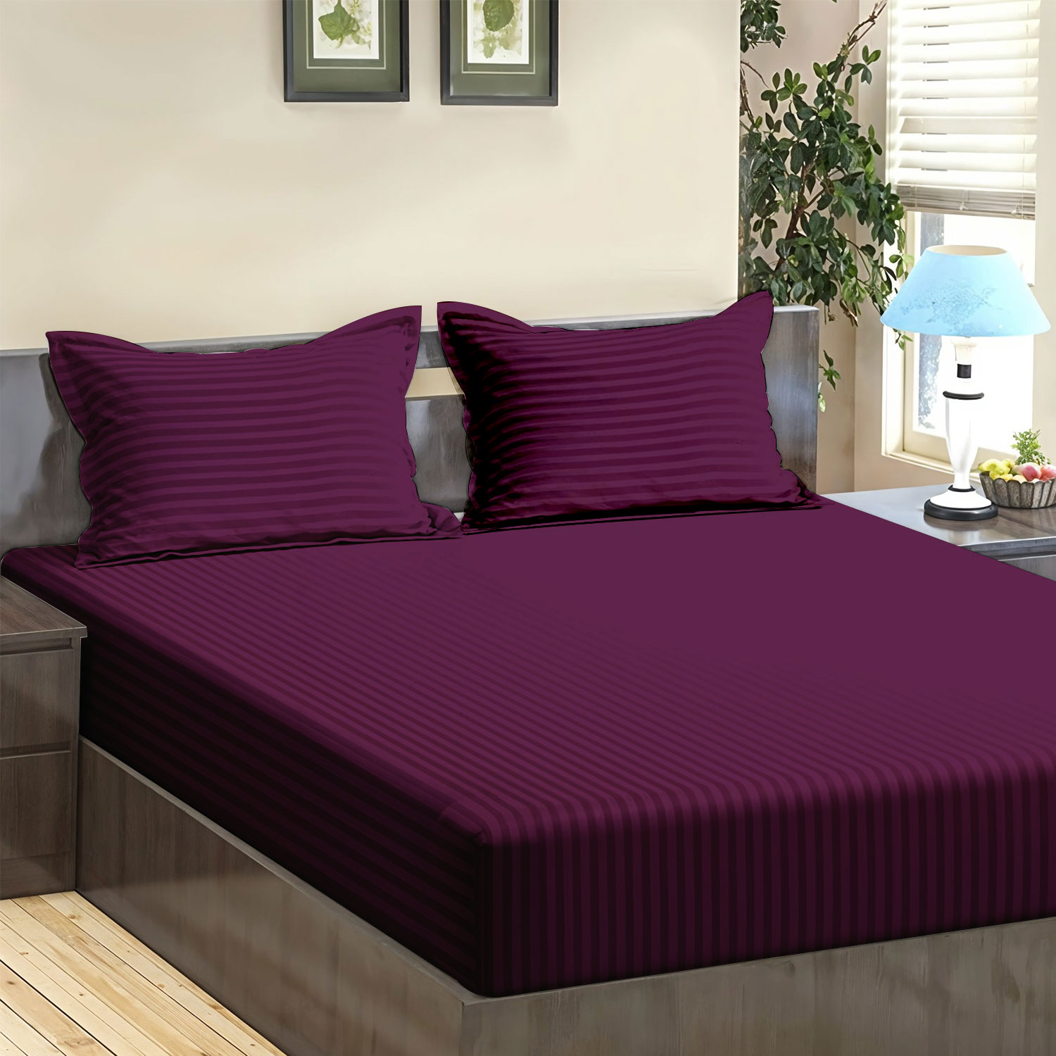 Plum Stripes 300 TC Pure Cotton Bedsheet Soft Breathable and Comfortable